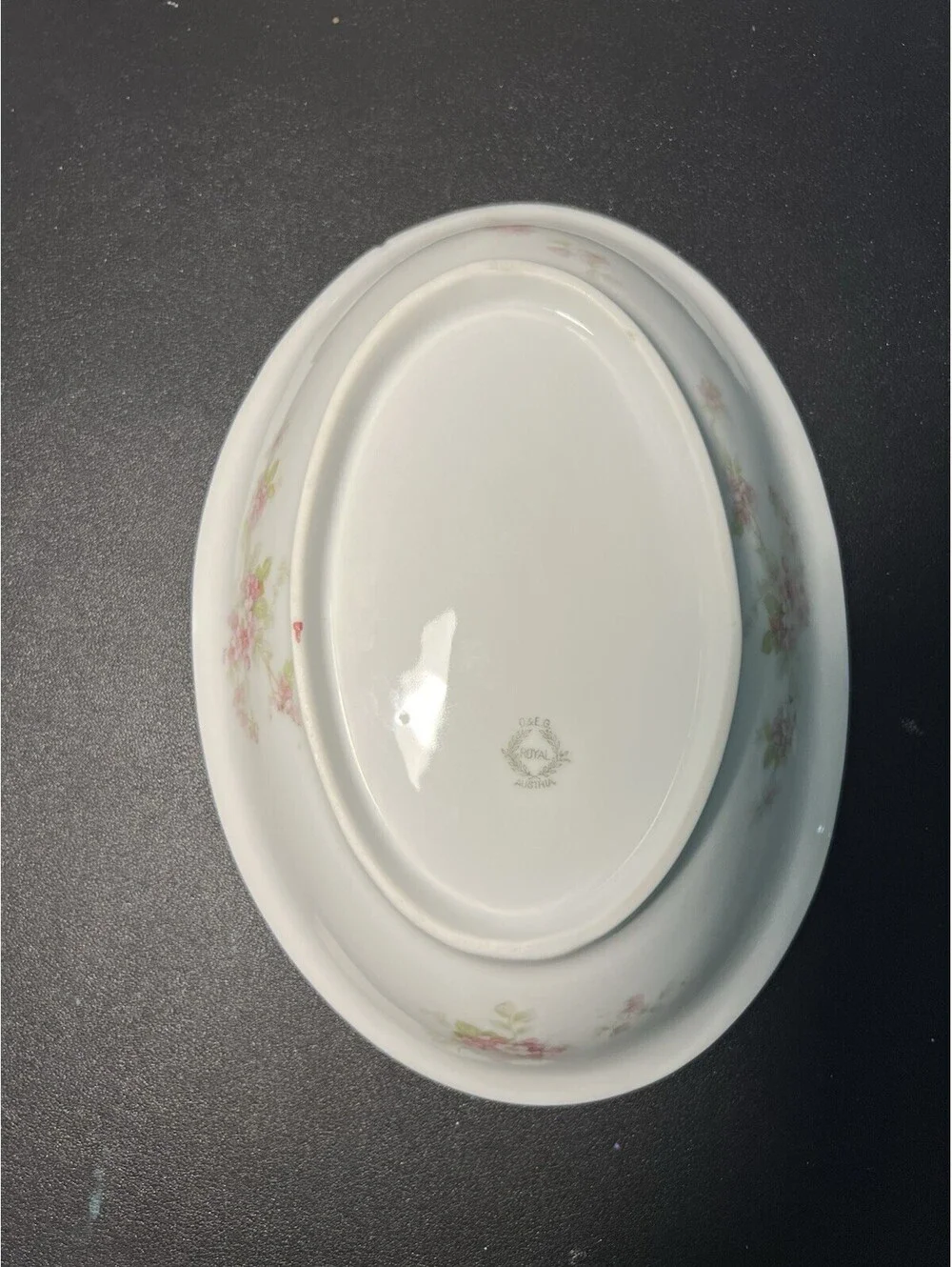 O&EG Royal Austria 1900s Pink Floral Porcelain Oval Serving Bowl, 9.5x7x2”